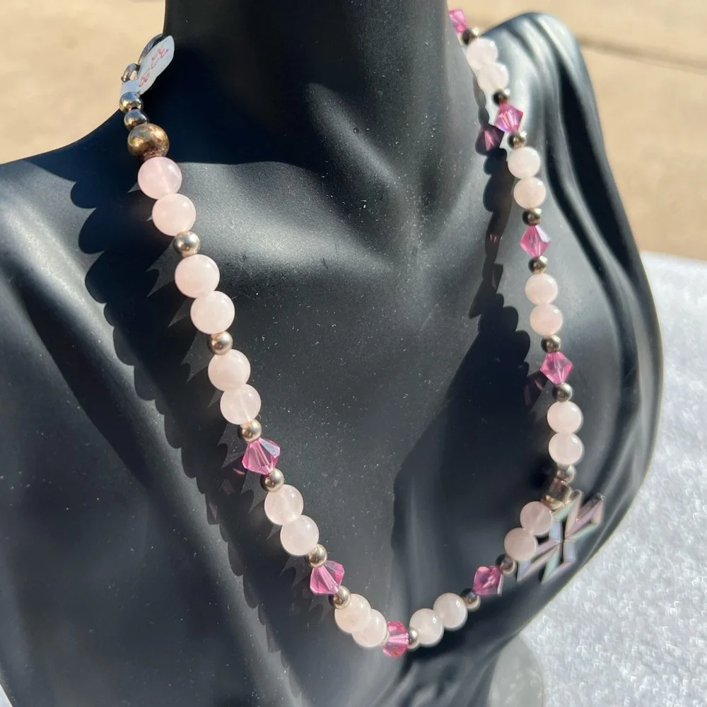 Vintage Handmade Crystal Natural Stone Mother of Pearl Pearlized Cross Necklace